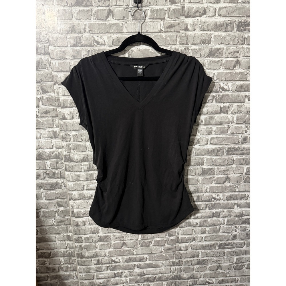 Athleta Renew V-Neck Top Black Short Sleeve Ruched Side Shirt Womens Medium